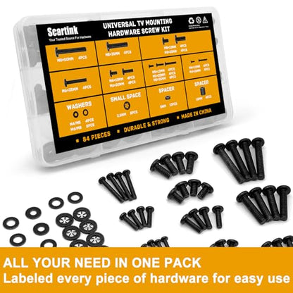 Universal TV Mounting Screws Hardware Kit with Box, Includes M4 M5 M6 M8 Screws, Washers, and Spacers, Compatible with Any TV Wall Mount/Display Up to 80 Inches (Black)