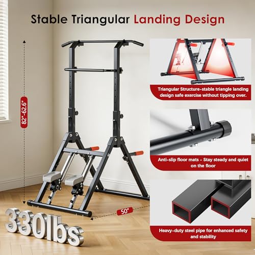 DlandHome Foldable Pull Up Bar Dip Station With Stair Stepper, Adjustable Multifunction Workout Power Tower Pull-up Bars for Home Gym, Strength Training Equipment, Triangular Legs, Up to 330lbs