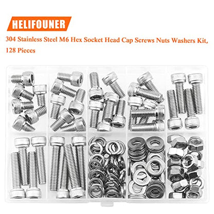 HELIFOUNER 128 Pieces M6 x 8mm /10mm /12mm /16mm /20mm /25mm /30mm, Hex Socket Head Cap Screws Bolts Washers Nuts Kit, 304 Stainless Steel - size: M6, style: Hex Socket Head Cap