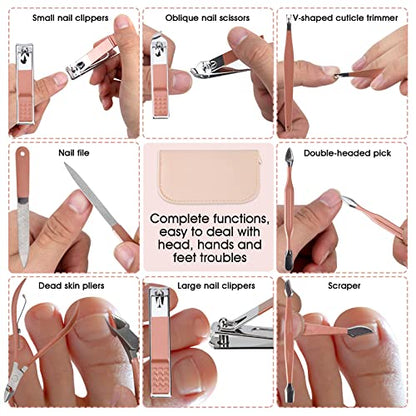 Nail Clippers & Beauty Tool Portable Set, Rose Gold Manicure Set, 12 in 1. | Martensitic Stainless Steel, Pink Leather Bag, Suitable for Home, Workplace, Outdoor Travel, Gift Giving, Salon.