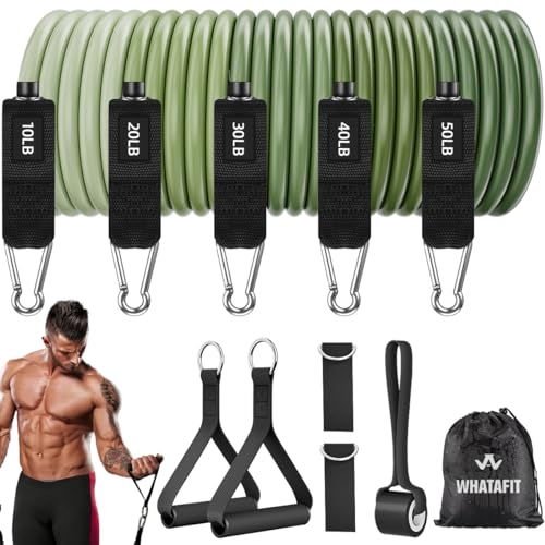 WHATAFIT Resistance Bands with Handles, 5-Level Exercise Bands for Workout | Natural latex,10-50 lbs, stackable to 150,Ankle Straps, Door Anchor,Guide. For Strength, Yoga,Home Gym,Travel & Workout. - color: Green