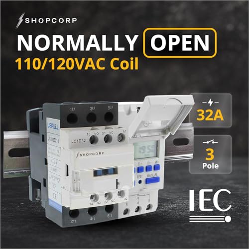 3 Pole Contactor 30 amp Normally Open, Auxiliary 1NO/1NC 110/120V Coil, Motor Load 32A, Lighting 40A, 50A - AC Contactor Bundle with Programmable Timer Relay and DIN Rail 35 x 150 mm - style: 3 Poles Contactor + Timer