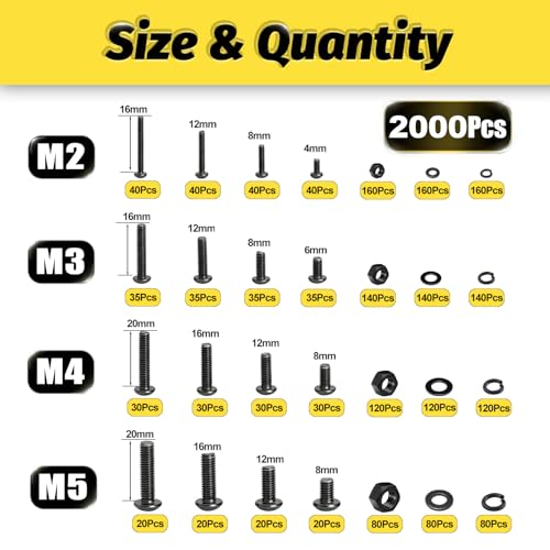 Kadrick Metric Screw Assortment, 2000PCS Metric Bolt Assortment Kit M2 M3 M4 M5 Machine Screws with Lock & Flat Washers, Grade 10.9 Alloy Steel Hex Socket Button Head Black Screws Nuts and Bolts Kit - size: M2-M5 2000Pcs