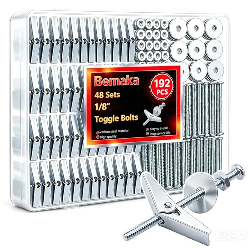 192Pcs 1/8 Inch Toggle Bolts, Heavy Duty Drywall Anchors and Screws Kit, Butterfly Anchors Toggle Bolts and Wing Nut Kit with Nuts Washers for Hollow Wall, Ceiling (48 Sets) - color: Silver - 1/8"