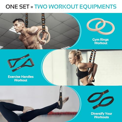Vulken Wooden Gymnastic Rings with Adjustable Numbered Straps. 1.1'' Olympic Rings for Core Workout and Bodyweight Training. Home Gym Rings 1600lbs with Workout Handles
