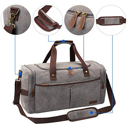 S-ZONE 65L Expandable Canvas Duffle Bag Travel Overnight Holdall Weekend Bag with Shoes Compartment Large Carry On Bag Tote Gym Bag for Men Women, Light Gray, X-Large, Travel Duffle | Water-resistant, X-Large Size, Multi-Pockets, Removable Shoulder Strap,