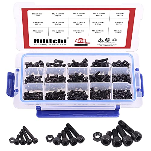 Hilitchi 460-Piece Alloy Steel Socket Cap Screws Hex Head Bolt Nuts Assortment Kit with Box, M3 M4 M5 Thread Size, Black Oxide Finish - color: Hex Socket Head Cap