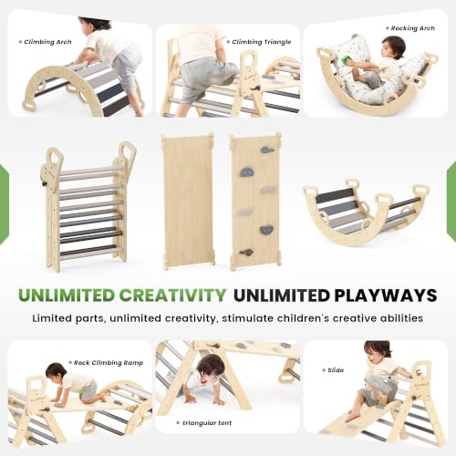 Pikler Triangle Set with Cushion, Wooden Climbing Toys for Toddler | Foldable 8-in-1 Montessori Philosophy Toddler Climbing Toys Indoor with Reversible Ramp, Arch and Ladder - Elegant Gray - color: Elegant Gray