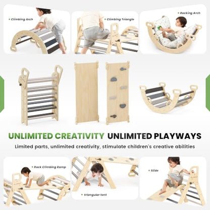 Pikler Triangle Set with Cushion, Wooden Climbing Toys for Toddler | Foldable 8-in-1 Montessori Philosophy Toddler Climbing Toys Indoor with Reversible Ramp, Arch and Ladder - Elegant Gray - color: Elegant Gray