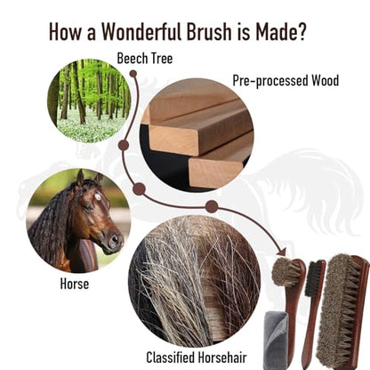 4-Piece 100% Horse Hair Shoe Brush Kit Premium Dauber Applicators Leather Care Cleaning Set with Polishing Brushes and Microfiber Cloth for Leather Suede Shoes Boots Bags Cars Cleaning Polishing