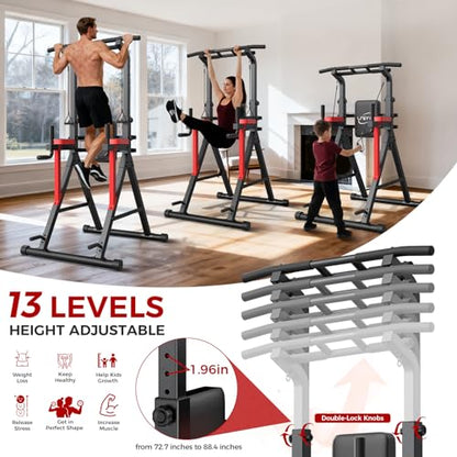 Power Tower Pull Up Bar Free Standing,Multi-Level Adjustable Height Dip Station, Multi-Grip Handles,Backrest,Home Gym Strength Training Equipment with Power Elastic Ropes,Capacity 400LBS