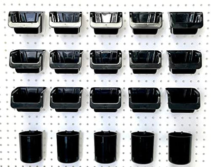 WallPeg Pegboard Bins & Cups - 15 each 5" Bins and 5 each 5" Cups - Hooks to Peg Board Panel Organize Hardware Arrange Accessories Workbench Tool Organizer Garage Storage -MADE IN USA- - style: 15 (5" Bins & 5 cups)