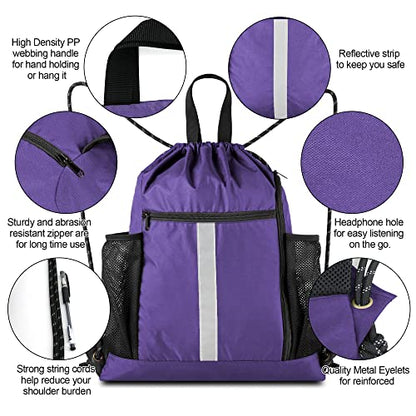 BeeGreen Purple String Bag Sack Gym Backpack with Shoe Compartment and Two Water Bottle Holder for Men Women Lightweight Durable Drawstring Cinch Sackpack - color: Purple, style: Drawstring With Shoe Compartment