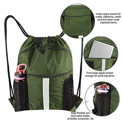 BeeGreen Drawstring Backpack Bag with Shoe Compartment, X-Large Black Gym Sports String Cinch Backpack - color: Moss Green