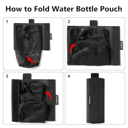 BASSDASH Tactical Molle Water Bottle Pouch with Carabiner Foldable Mesh Holder Bag for Travel Fishing Hunting Hiking Outdoor Activities - color: Black with Molle Straps