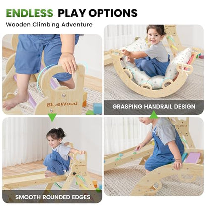 BlueWood Pikler Triangle Set with Cushion, Wooden Climbing Toys for Toddler | Foldable 9-in-1 Montessori Philosophy Toddler Climbing Toys Indoor with Reversible Ramp, Arch and Ladder - Rainbow - color: Rainbow