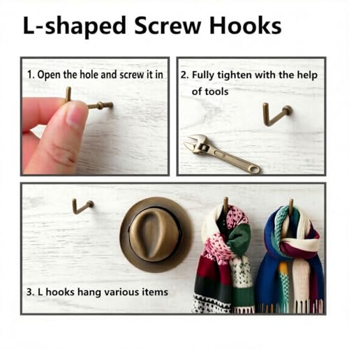 150 PCS 7 Shaped Right Angle Screw Hooks Sets,Bronze 6 Sizes Screw in L Shaped Hooks for Hanging Lamp,Plants,Decorations,kitchenware and DIY Crafts,(1/2",5/8",3/4",7/8",1",1-1/4") - size: Bronze 6sizes 150pcs