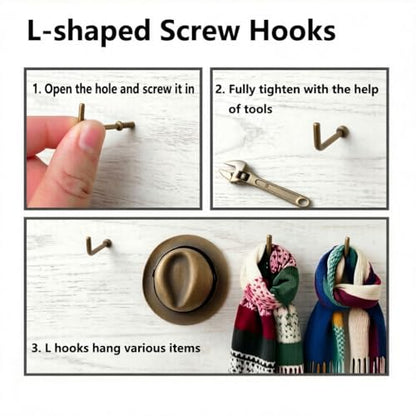150 PCS 7 Shaped Right Angle Screw Hooks Sets,Bronze 6 Sizes Screw in L Shaped Hooks for Hanging Lamp,Plants,Decorations,kitchenware and DIY Crafts,(1/2",5/8",3/4",7/8",1",1-1/4") - size: Bronze 6sizes 150pcs
