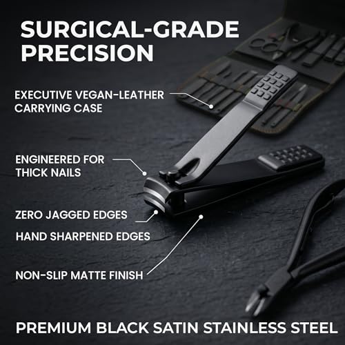 Earth & I Manicure Kit for Men: TSA Compliant Nail Clipper Grooming Set | Precision forged surgical stainless steel grooming tools. TSA-compliant satin black travel vault & premium gift box for men.