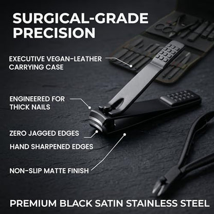 Earth & I Manicure Kit for Men: TSA Compliant Nail Clipper Grooming Set | Precision forged surgical stainless steel grooming tools. TSA-compliant satin black travel vault & premium gift box for men.