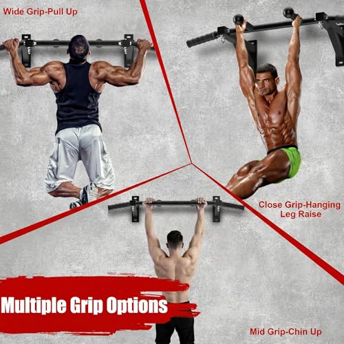 Upgrade Wall Mount Pull Up Bar, Heavy Duty Steel PullUp Bar Fits 24'' Wood Studs, Multi Grip Pull Up Bar with Ball Finger & Round Rings, for Home Gym Garage Basement Strength Training Chin Up Bar