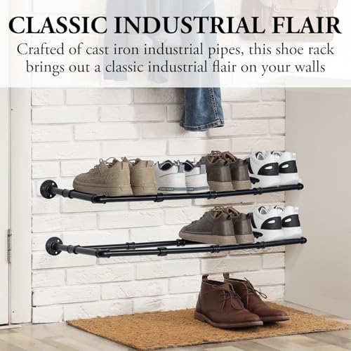MyGift Industrial Matte Black Metal Pipe Hanging Shoe and Boot Rack Organizer Shelf, Wall Mounted Space Saving Footwear Storage Shelves for Closet, Mudroom, Entryway, Set of 2, Holds 8 Pairs - size: 35 Inch