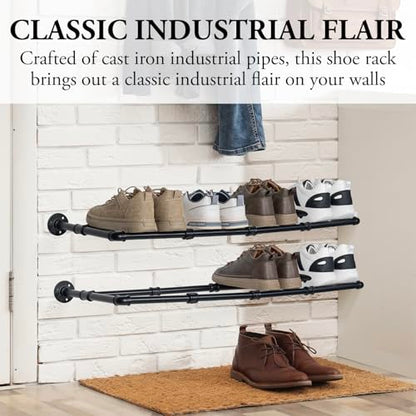 MyGift Industrial Matte Black Metal Pipe Hanging Shoe and Boot Rack Organizer Shelf, Wall Mounted Space Saving Footwear Storage Shelves for Closet, Mudroom, Entryway, Set of 2, Holds 8 Pairs - size: 35 Inch