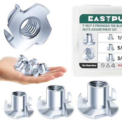 180-Pack 1/4"-20 5/16"-18 3/8"-16 T-Nuts Assortment Kit Zinc Plated Steel, 4-Pronged Tee Nut for Wood, Rock Climbing Holds T Nuts Set Nutserts for Wood Furniture