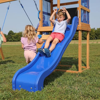 Backyard Discovery Bay Pointe Cedar Wood Swing Set with Wave Slide, Play Deck, Rock Wall Ladder, Belt Swings, Chalkboard, Canopy Roof, Outdoor Playset - color: Blue