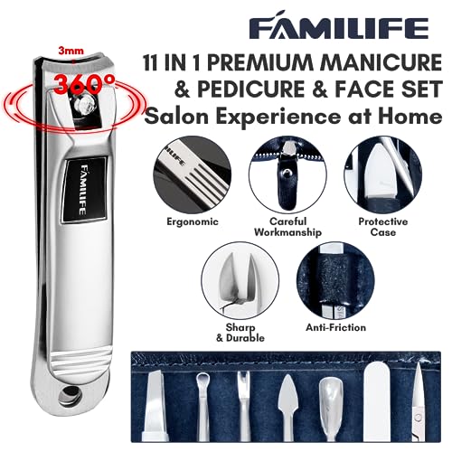 Manicure Kit, FAMILIFE Professional Manicure Set Nail Kit, 11 in 1 Stainless Steel Nail Clippers Set for Men Pedicure Tool, Men Grooming Tool with Portable Blue Leather Travel Case Luxury Gifts - color: Navy Blue