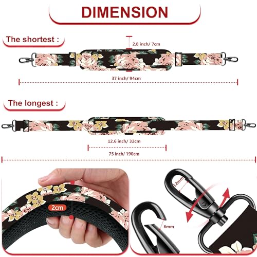 ZINZ 75" Shoulder Strap with Fixed Pad and Dual Balanced Buckles，Black Flowers - color: Black Flowers