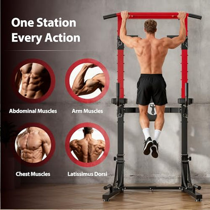 soges Foldable Power Tower Pull Up Bar Station with 6-Level Height Adjustment, Heavy Duty Free Standing Dip Station for Home Gym, Space-Saving Strength Training Equipment for Full Body Workout