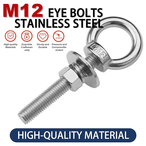 4 Pack M12 Stainless Steel Eye Bolts with Nuts, 1/2" x 4" Eye Bolts | 304 Stainless Steel Eye Bolt,Eye Bolts Heavy Duty for Hang Tie Down Outdoor,1/2 eye bolts with nuts,m12 eye bolts - size: M12x102mm (1/2"x4")