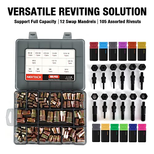 NEXTACK Heavy Duty Rivet Nut Tool Kit, 16" Pro Semi Auto Release Rivnut Nutsert Tool Set - 105pc Threaded Rivet Nuts & 12pc Mandrels | Organized Rugged Case NT800 - size: 16-inch Two-Handed Rivnut Tool Kit/105 Nutserts