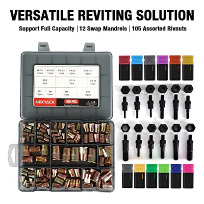 NEXTACK Heavy Duty Rivet Nut Tool Kit, 16" Pro Semi Auto Release Rivnut Nutsert Tool Set - 105pc Threaded Rivet Nuts & 12pc Mandrels | Organized Rugged Case NT800 - size: 16-inch Two-Handed Rivnut Tool Kit/105 Nutserts