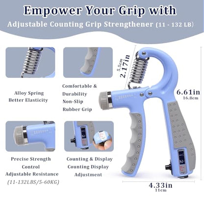 CYFIE Grip Strength Trainer Kit, Adjustable 10-132 lb, Hand Exerciser | Forearm Strengthener, Finger Stretcher, Stress Ball and Bag for Grip Recovery, Wrist Training, Rehab, Climbers and Musicians - color: Blue