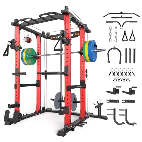 SPORTSROYALS Power Rack, Multi-Functional Power Cage, Squat Rack with Pulley System & LAT Pull Down, Workout Cage with J Hooks for Home Gym - color: Ruby Red, style: 230LB Colorful Package