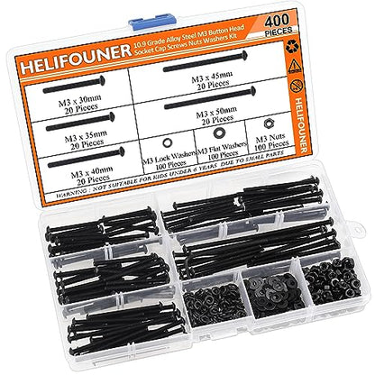 HELIFOUNER 400 Pieces M3 x 30mm /35mm /40mm /45mm /50mm, Button Head Socket Cap Metric Screws Bolts Washers Nuts Kit, 10.9 Grade Alloy Steel, Fully Threaded, Black - size: M3 x 30/35/40/45/50mm, style: Button Head