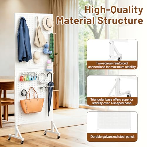2 x 5.5 FT Metal Pegboard Display Stand with Wheel & Leveling Feet | Peg Board Panels Display Rack with 30 Hooks for Retail Store, Craft Show, Garage, Jewelry Organizer, White - color: White