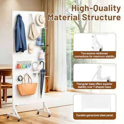2 x 5.5 FT Metal Pegboard Display Stand with Wheel & Leveling Feet | Peg Board Panels Display Rack with 30 Hooks for Retail Store, Craft Show, Garage, Jewelry Organizer, White - color: White
