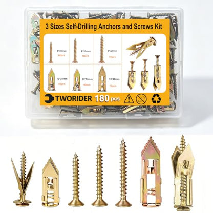 Drywall Anchors with Screws Kit 180PCS, Self Drilling | Heavy Duty Expansion Anchors for Sheetrock, No Pre-Drilling for Picture Mirror Shelf, 2 Sizes Anchors + 3 Sizes Zinc Screws