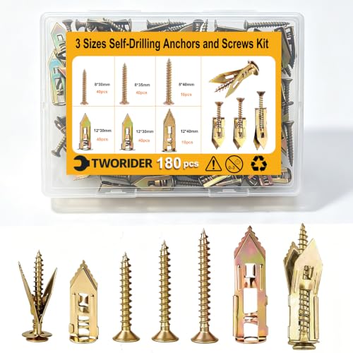 Drywall Anchors with Screws Kit 180PCS, Self Drilling | Heavy Duty Expansion Anchors for Sheetrock, No Pre-Drilling for Picture Mirror Shelf, 2 Sizes Anchors + 3 Sizes Zinc Screws