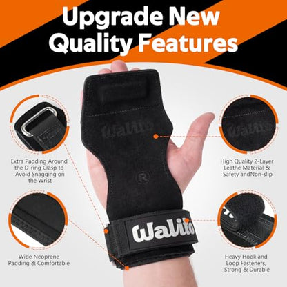 Weight Lifting Wrist Strap，Double Layer Leather Wrist Wraps with Neoprene Padding for Weightlifting & Deadlifts – Adjustable Gym Straps for Men & Women - color: Black
