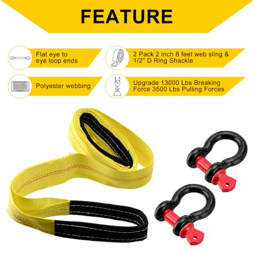 Pindex 2 Pack 2" x 8' Upgrade Web Lifting Sling & 1/2" D Ring Shackle 13000 Lbs Breaking Force 3500 Lbs Pulling Forces Lift Sling Straps for Rocks Trees Mowers Tool in Trailers Tractors Trucks, Yellow - size: 2" x 8' & Ring Shackle
