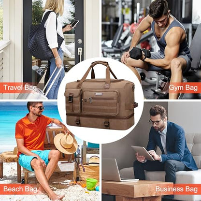 WITZMAN Duffle Bag for Men 50L Travel Canvas Weekender with Toiletry Bag | With Shoe Compartment and Dry-wet Pocket, Convertible, Carry On, One Duffel for Gym, Sports, Overnight, A8010/2 Brown - color: Brown