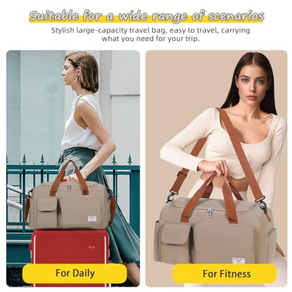 FIORETTO Women's Gym Duffle Bag with Shoes Compartment, 30L Capacity, Ideal for Travel, Gym, Sports, Duffel, Weekender - color: Khaki, style: Gym Bag