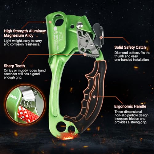UIAA & CE Certified Rope Ascender Aluminum Alloy Rock Climbing Gear Strong Rigging Rappelling Equipment for Rock Tree Climbing Arborist Rescue Mountaineering Caving - color: Right Hand Green 1
