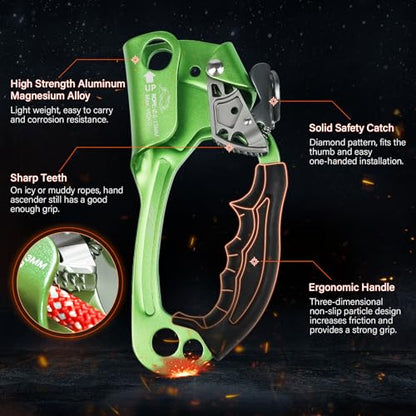 UIAA & CE Certified Rope Ascender Aluminum Alloy Rock Climbing Gear Strong Rigging Rappelling Equipment for Rock Tree Climbing Arborist Rescue Mountaineering Caving - color: Right Hand Green 1
