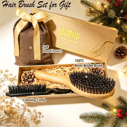 100% Boar Bristle Hair Brush for Thin Fine Hair, Shine & Frizz Control | Handmade Wooden Slick Back Brush Gently Smooth Polish Dry Damaged Hair for Women & Men, Minimize Flyaways, Reduce Breakage