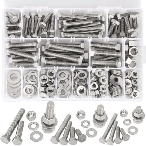 Hakkin 240Pcs Hex Bolts and Nuts Kit Stainless Steel Spring Washers Assortment Kit, 1/4" 5/16", 3/8" 10 SAE Sizes Machine Screws Set with Storage Case - size: 240PCS 1/4-20 5/16-18 3/8-16 Hex Bolts Silver